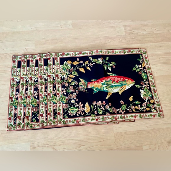Set 6 - April Cornell Placemats Trout Fish Raspberries Ivy Black Dusty Rose Pink - Picture 2 of 6